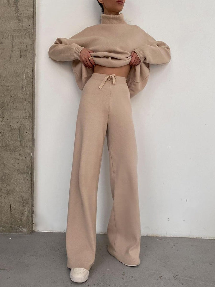 Women Wide Knit Pants with High Waist, Drawstring, and Wide Leg Mune Fashion