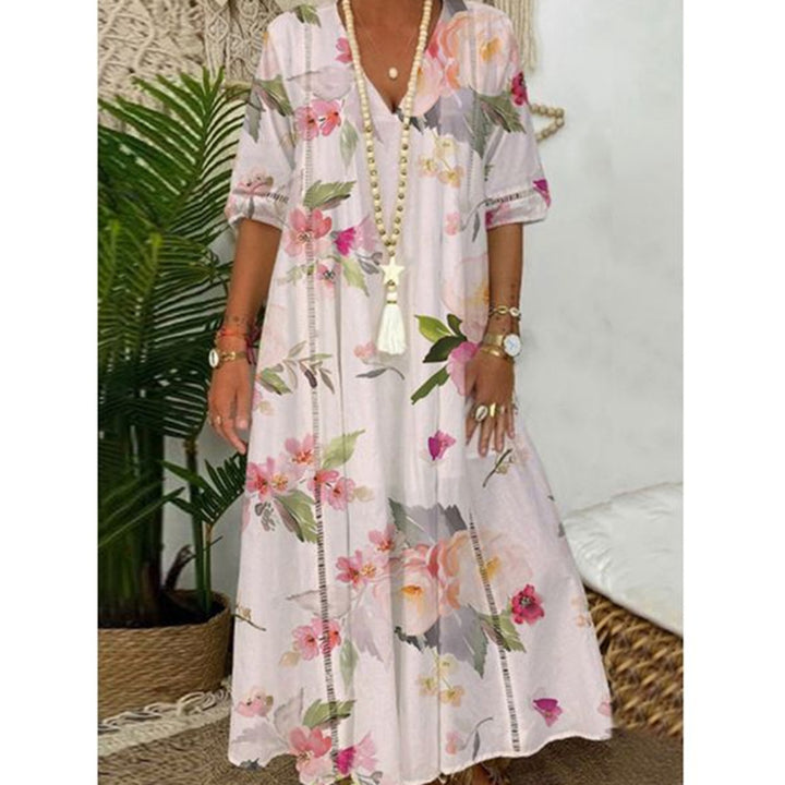 Ladies nan locker flowing Kaftan midimax dress with V-neck, openwork panels and lightweight linen blend quality Mune Fashion
