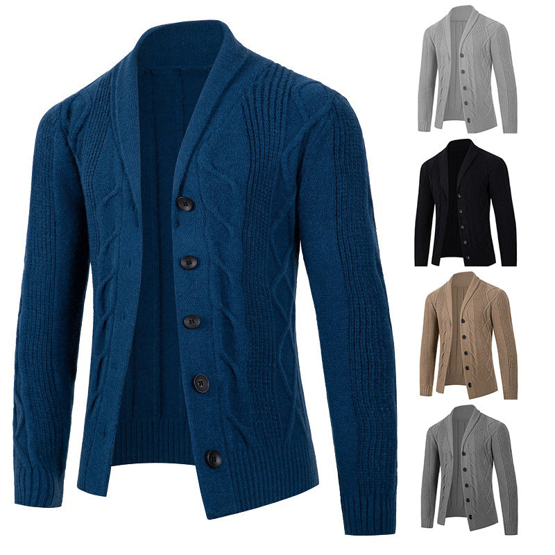 Men's Cable Knit Cardigan with Shawl Collar and Button Placket Mune Fashion