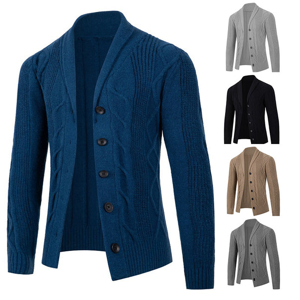 Men's Cable Knit Cardigan with Shawl Collar and Button Placket Mune Fashion