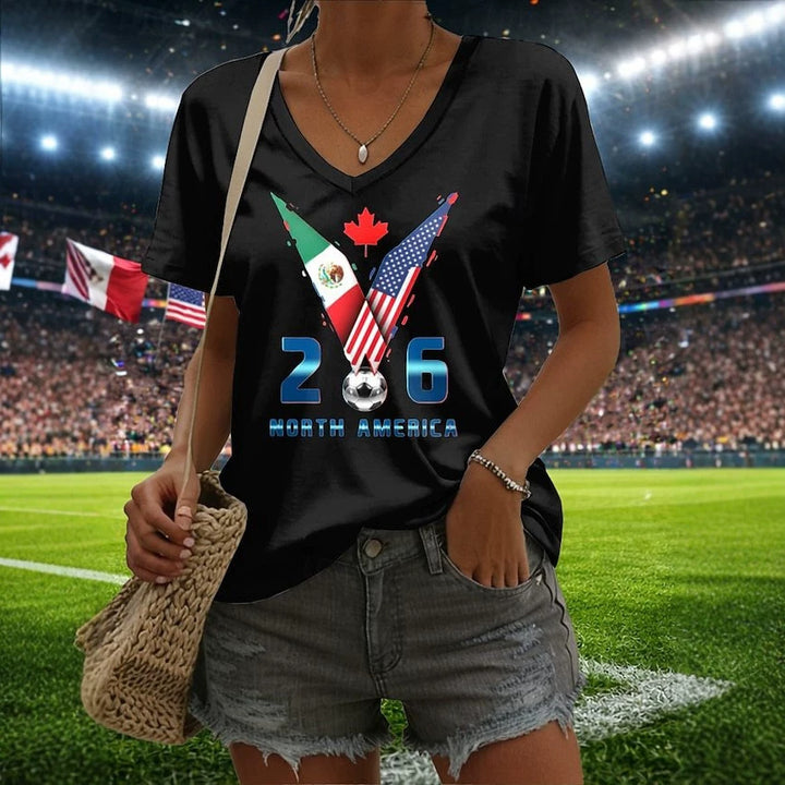 Women’s V-neck Retro Print T-shirt with Eagle Emblem and vintage-inspired Graphic Mune Fashion