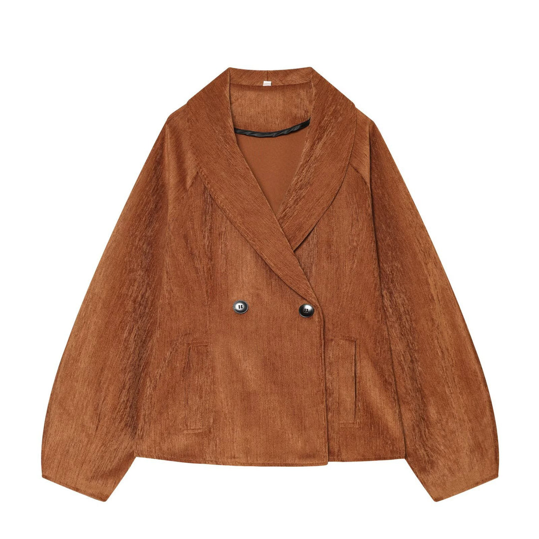 Women’s Short Blazer with Shawl Collar and Double-Breasted Button Placket Mune Fashion