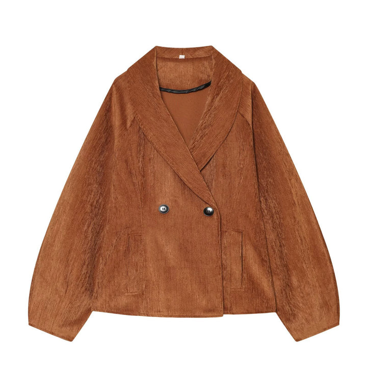 Women’s Short Blazer with Shawl Collar and Double-Breasted Button Placket Mune Fashion