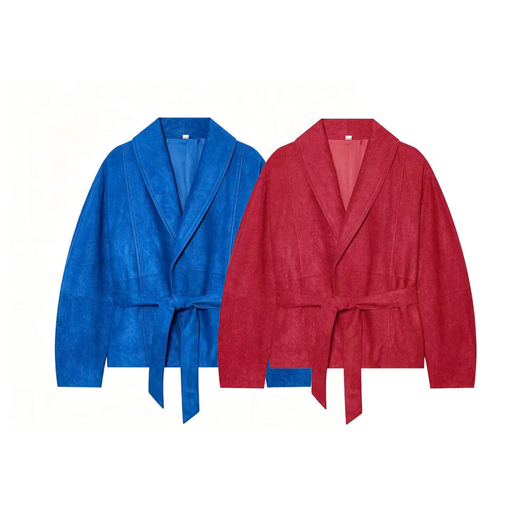 Women's short jacket in kimono style made of velour look with shawl collar and tie belt Mune Fashion