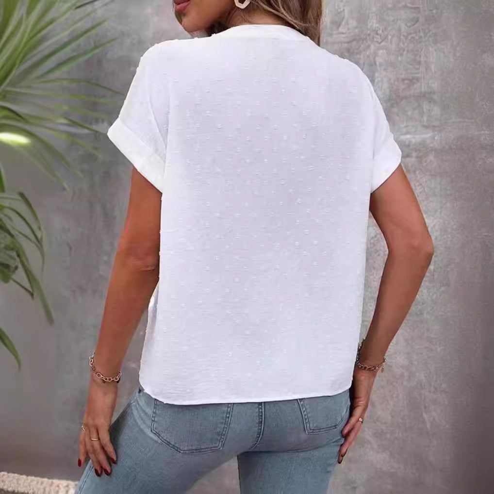 Ladies airy V-neck front button blouse with dobby dots and roll-up short sleeves Mune Fashion