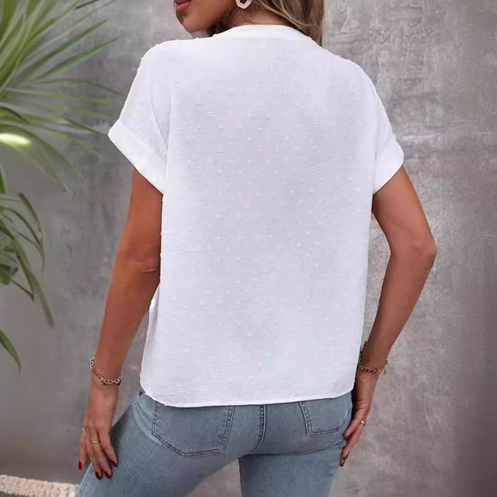 Ladies airy V-neck front button blouse with dobby dots and roll-up short sleeves Mune Fashion
