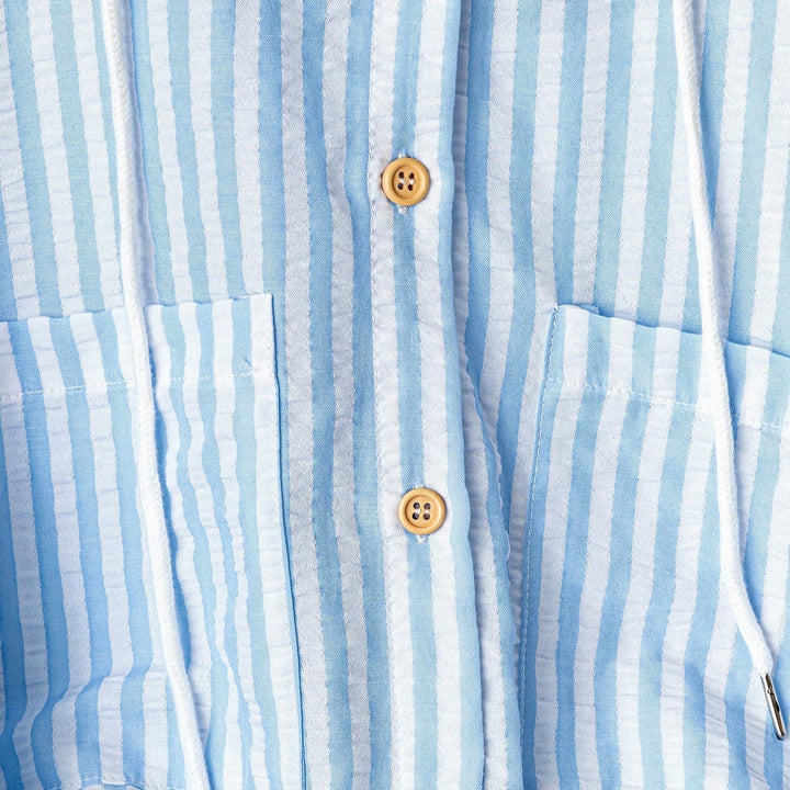 Women’s Lightweight Striped Hooded Overshirt with Wooden Buttons and Applied Pockets Mune Fashion
