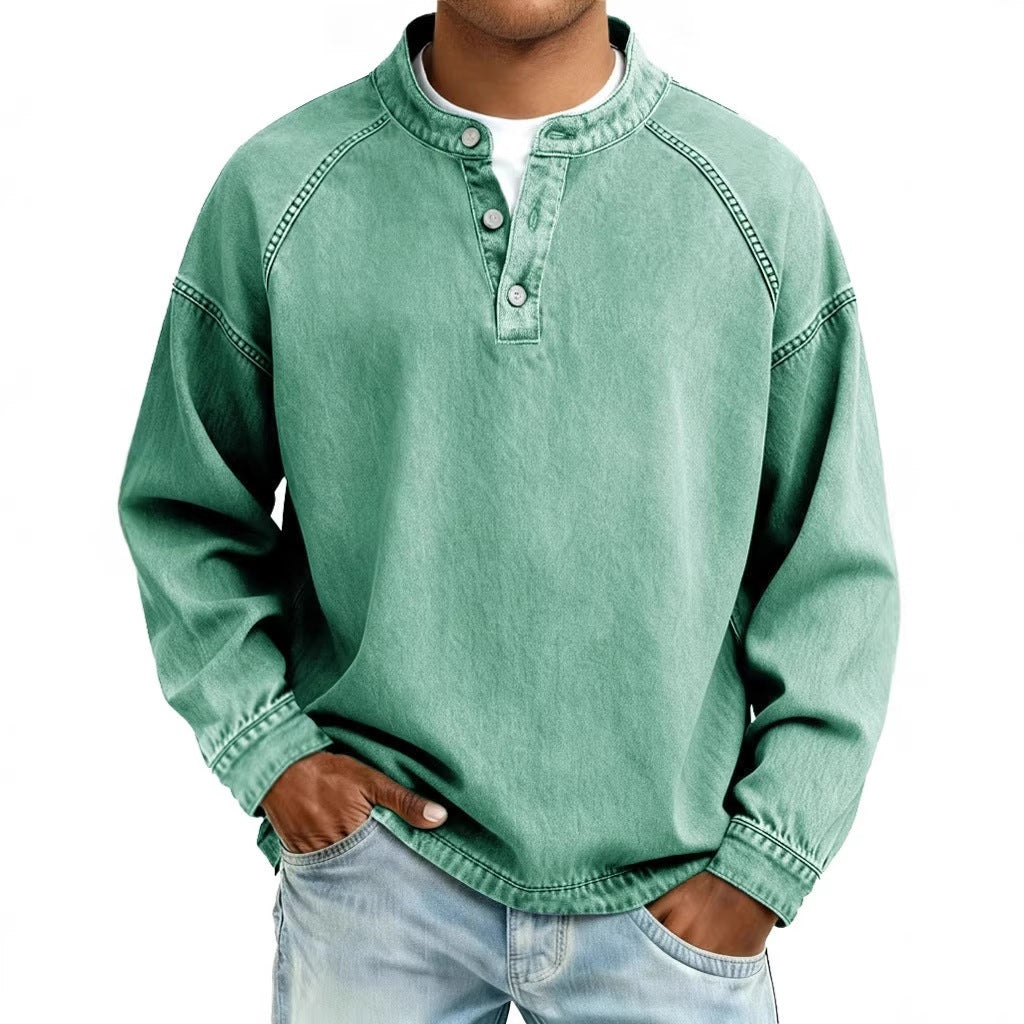 Men's Long Sleeve Henley Sweatshirt with Stand-Up Collar and Vintage Denim Effect Mune Fashion