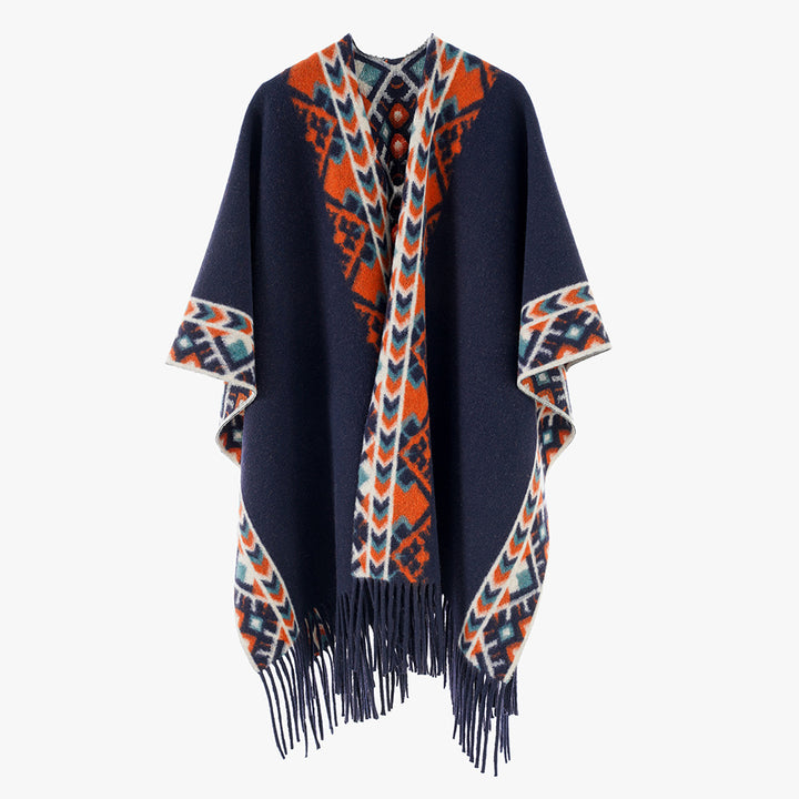Women's Poncho Wrap with Ethno Jacquard and Fringe Hem Mune Fashion