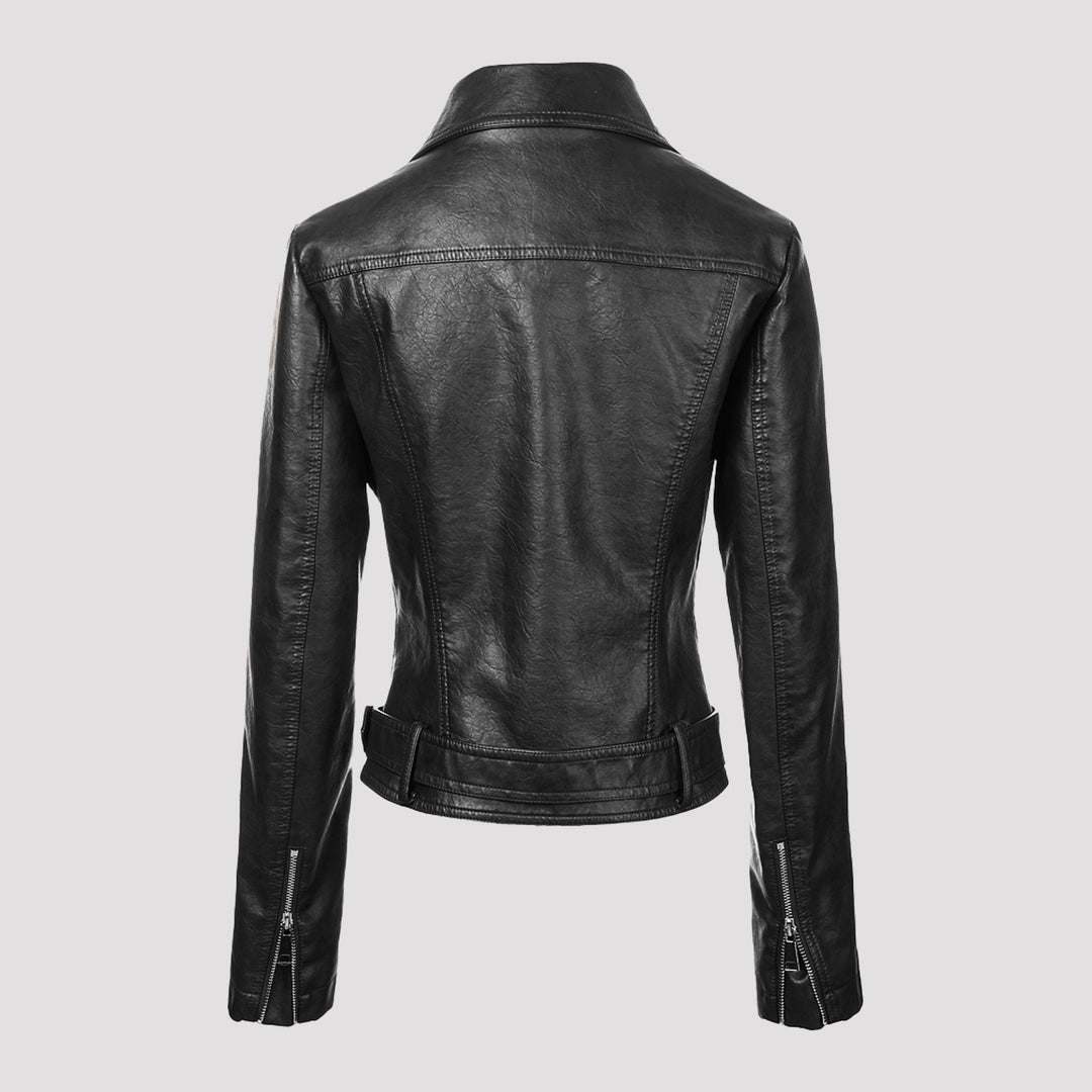 Women's short tailored leather biker jacket with waist belt and asymmetrical zipper Mune Fashion