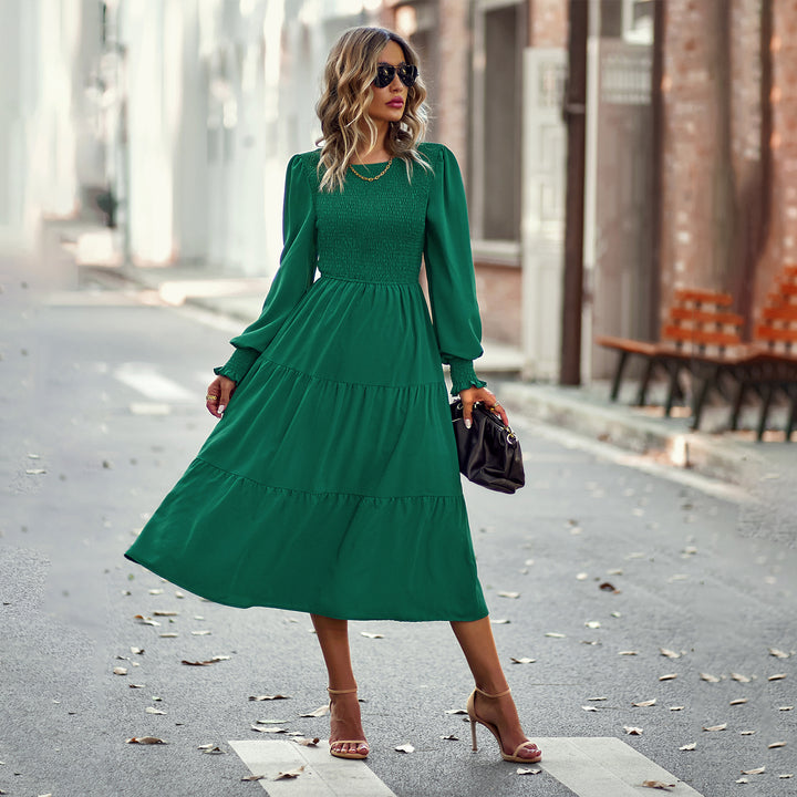 Ladies' gathered midi dress with smocked top, balloon-shaped sleeves, and tiered ruffle skirt Mune Fashion