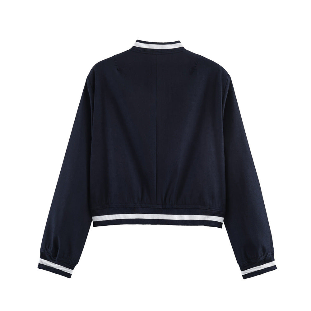 Women's short-cut college bomber jacket with ribbed striped collar and snap button placket Mune Fashion
