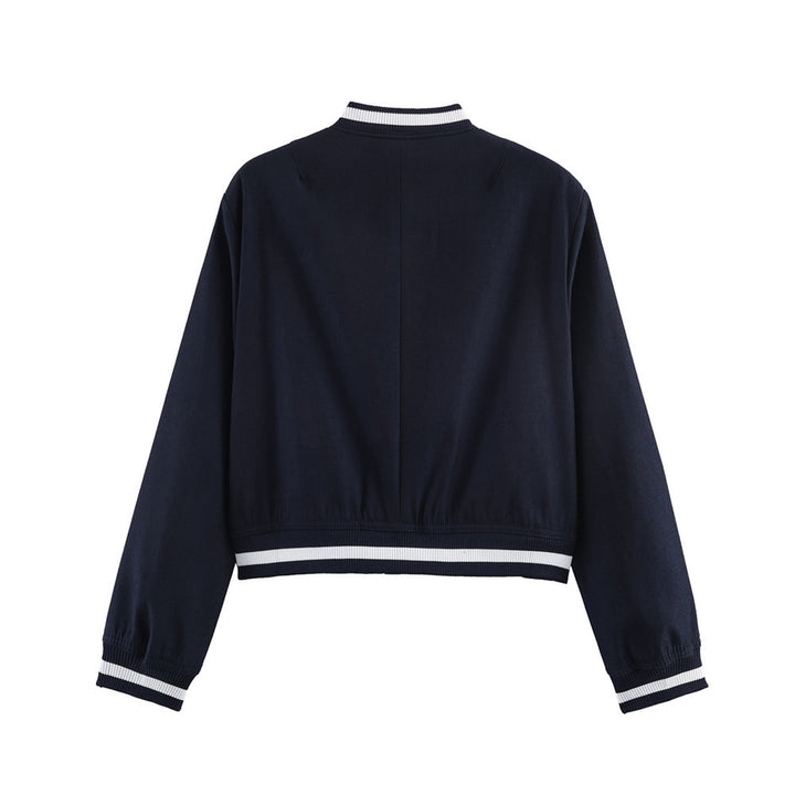 Women's short-cut college bomber jacket with ribbed striped collar and snap button placket Mune Fashion