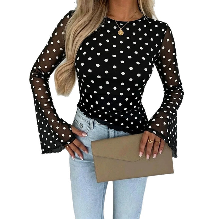 Women's Transparent Mesh Polka Dot Blouse with Tailored Fit and Bell Sleeves Drune