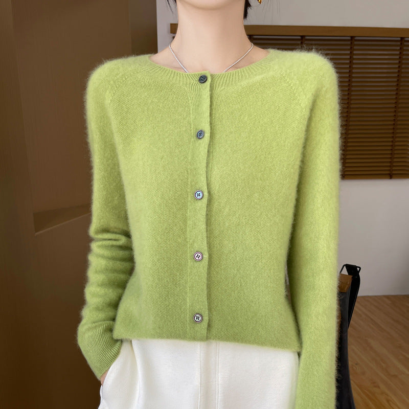 Ladies Cozy Short Cardigan made of Mohair Mix with fine virgin wool texture and mother-of-pearl button placket Mune Fashion