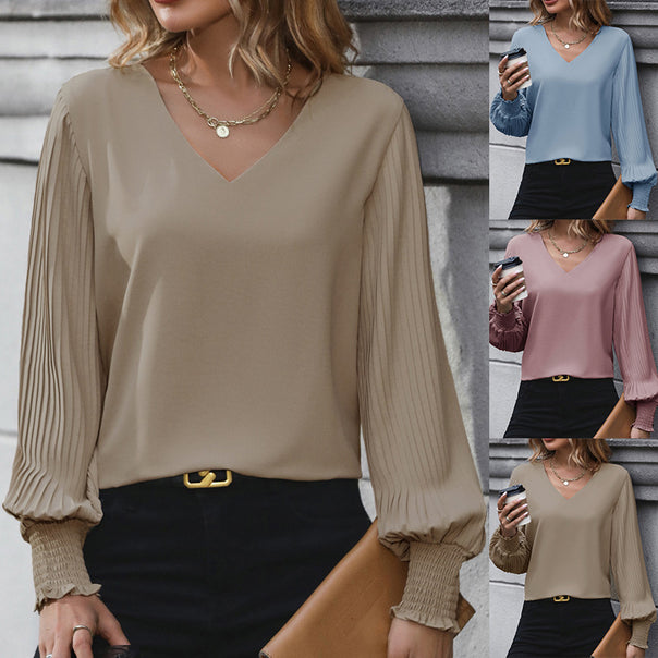 Ladies Feminine V-Neck Blouse with Pleated Balloon Sleeves and Smocked Cuffs Mune Fashion