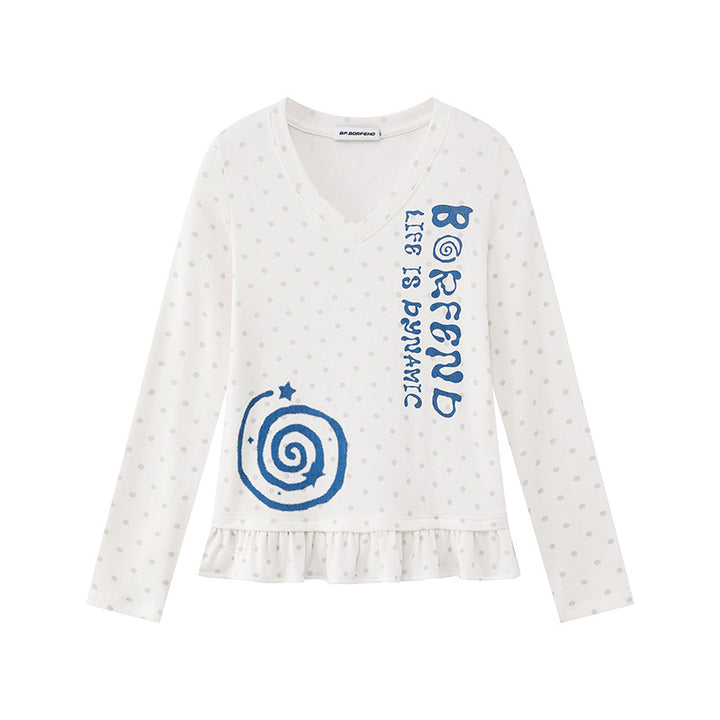 Women's long sleeve shirt with V-neck, ruffled hem and graphic spiral motif Mune Fashion