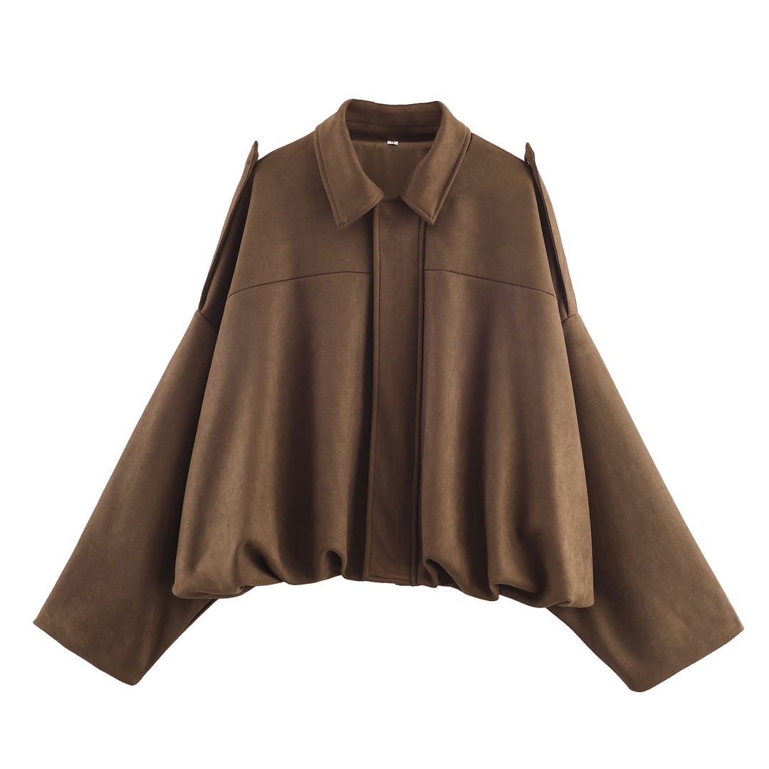 Women's oversized cape jacket with concealed front placket, collar, and balloon-shaped hem Mune Fashion