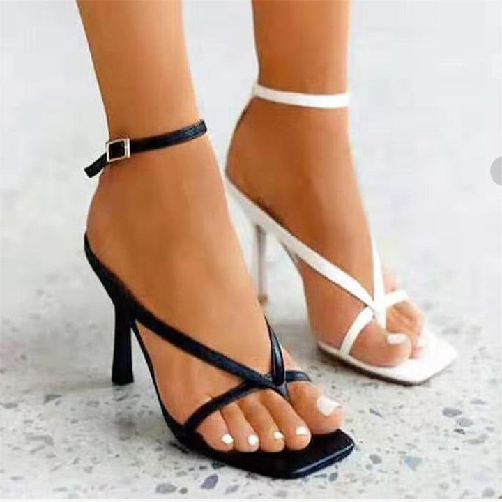 Women's filigree toe-ring sandals with square toe shape, crossed straps, and fine stiletto heel Mune Fashion