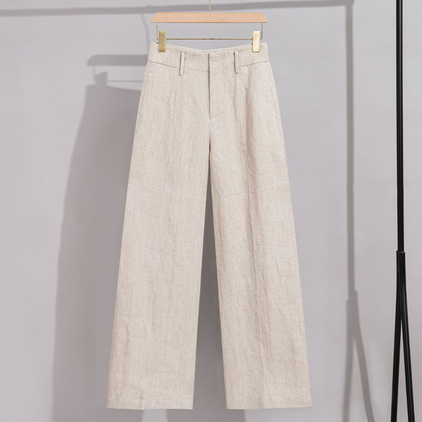 Women High-waisted Linen Trousers with Wide Leg, Crease and Belt Loops Mune Fashion