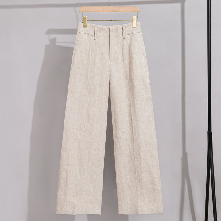 Women High-waisted Linen Trousers with Wide Leg, Crease and Belt Loops Mune Fashion
