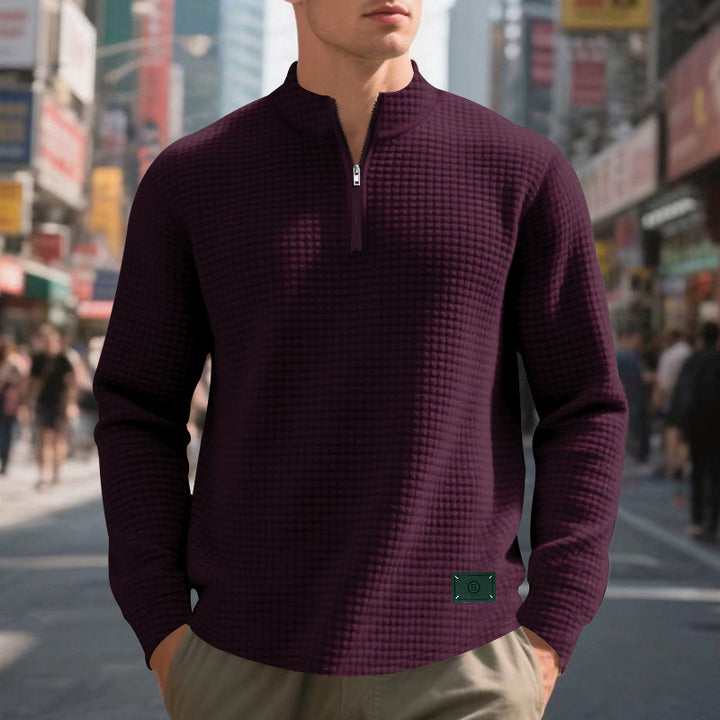 Men's nano lightweight waffle knit pullover with short collar zipper and rounded hem Mune Fashion