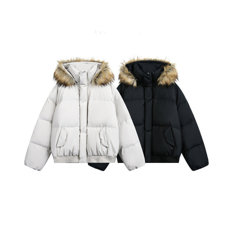 Women short quilted bomber jacket with hood and faux fur trim Mune Fashion