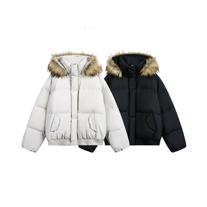 Women short quilted bomber jacket with hood and faux fur trim Mune Fashion