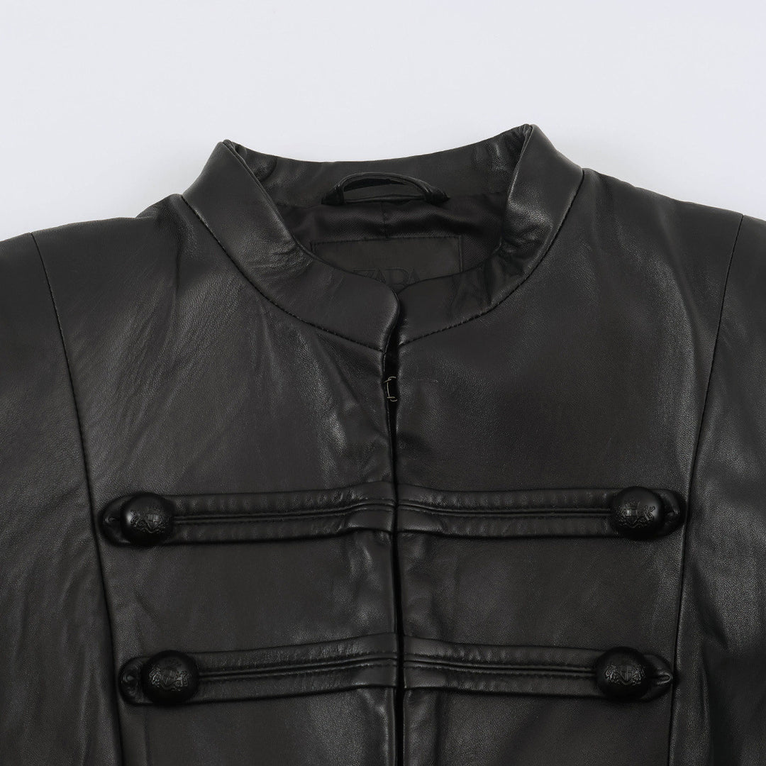 Women tailored military-inspired leather jacket with stand-up collar, decorative strap and button placket Mune Fashion