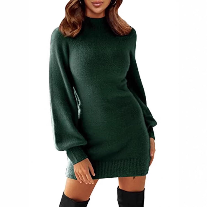 Women's Tailored Teddy Knit Mini Dress with Stand Collar and Balloon Sleeves Drune
