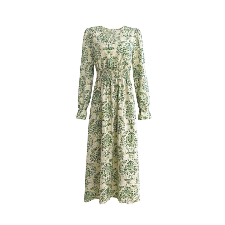 Ladies' feminine flowing maxi dress with V-neck, gathered smock waist area and ornamental all-over print