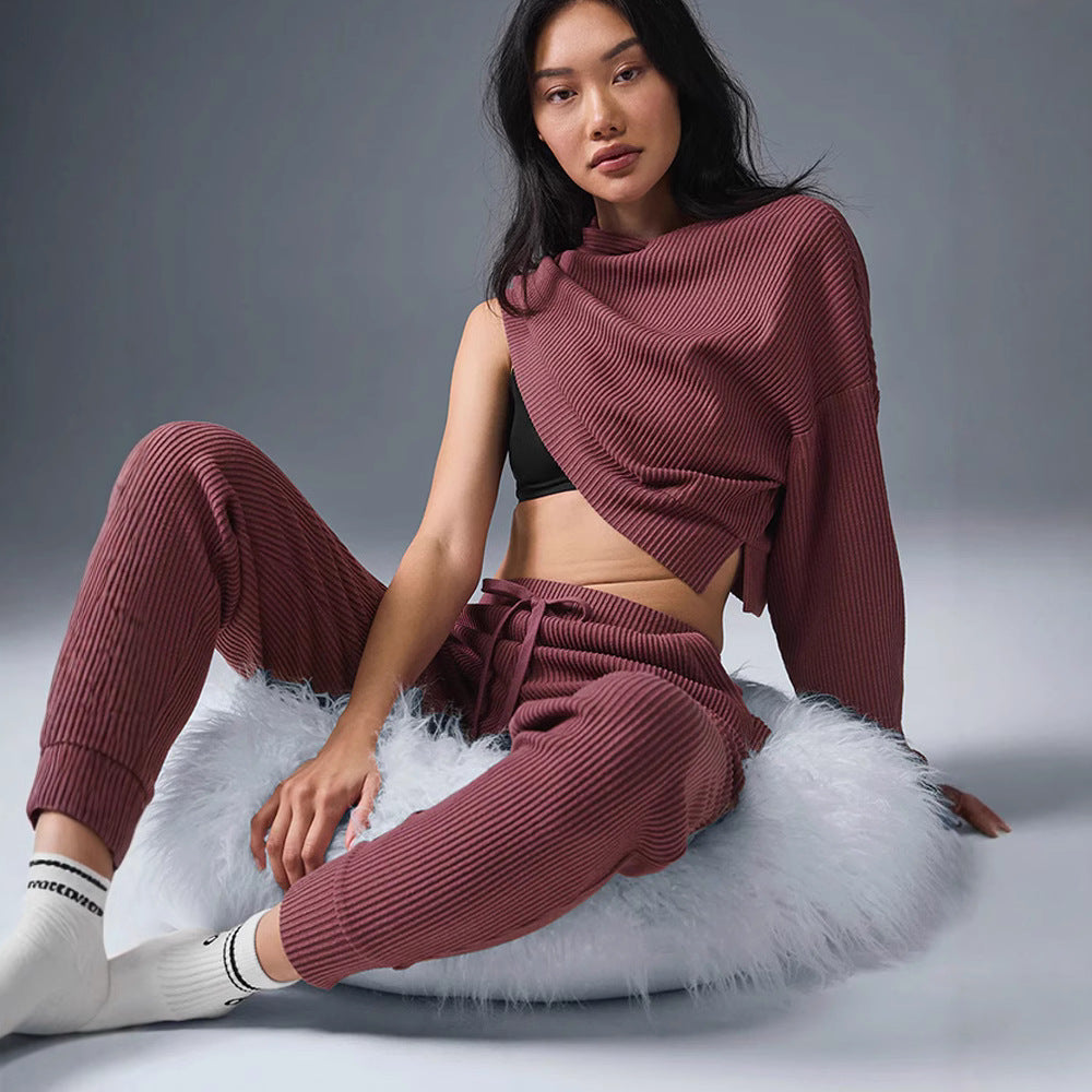 Women Ribbed High-Waist Lounge Pants with Drawstring and Cuffs Mune Fashion