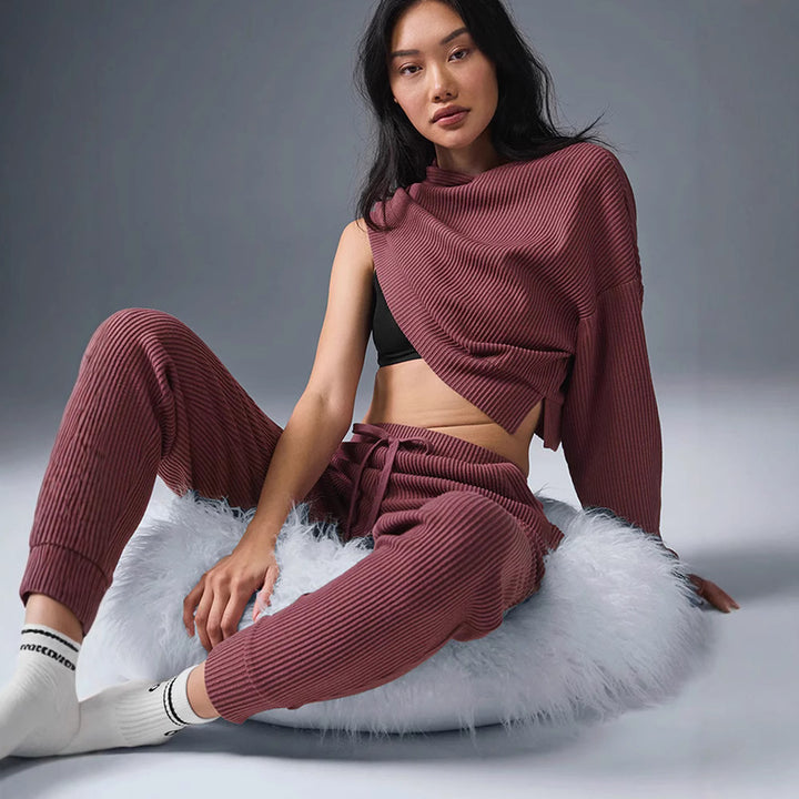 Women Ribbed High-Waist Lounge Pants with Drawstring and Cuffs Mune Fashion