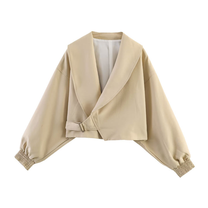 Women's Oversized Cropped Jacket with Large Shawl Collar, Waist Belt, and Balloon Sleeves Mune Fashion