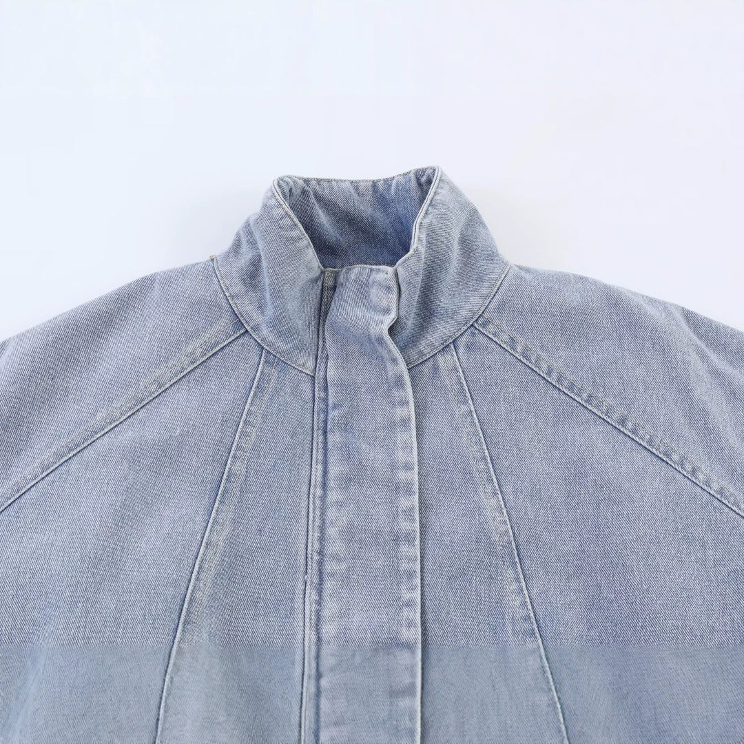 Women's Oversized Jeans Bomber Jacket with Stand Collar and Drawstring Mune Fashion