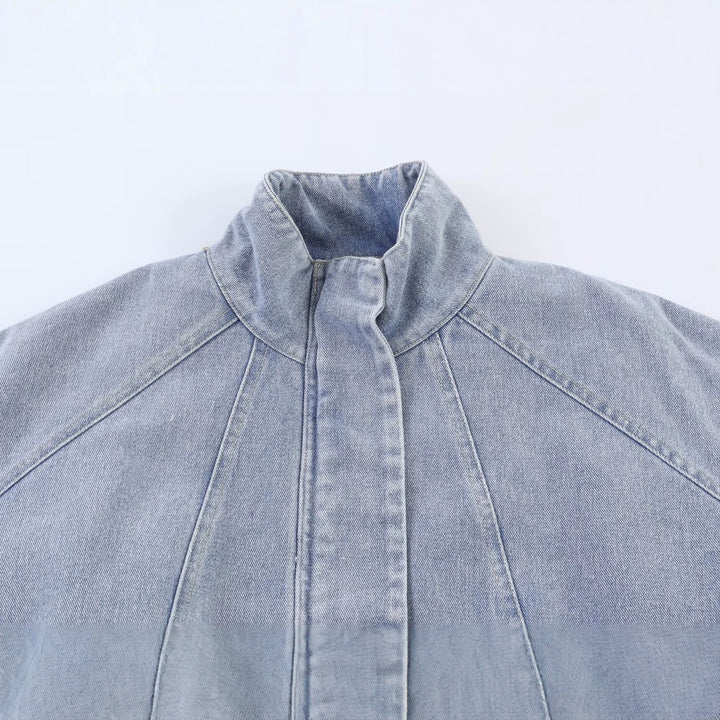 Women's Oversized Jeans Bomber Jacket with Stand Collar and Drawstring Mune Fashion