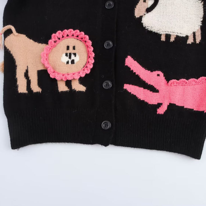 Ladies knit cardigan with playful animal intarsias and 3D applications Mune Fashion