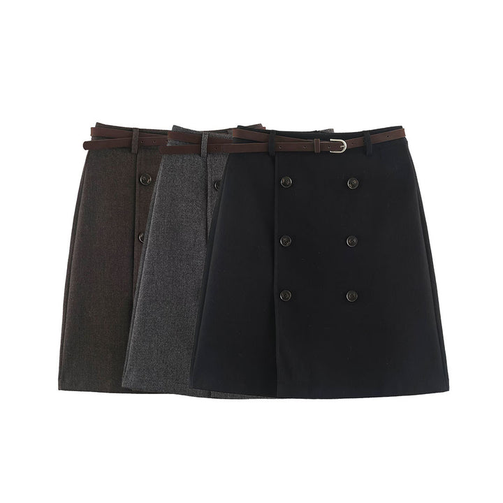 Women's midi skirt in A-line cut with double-breasted button placket and waist belt Mune Fashion