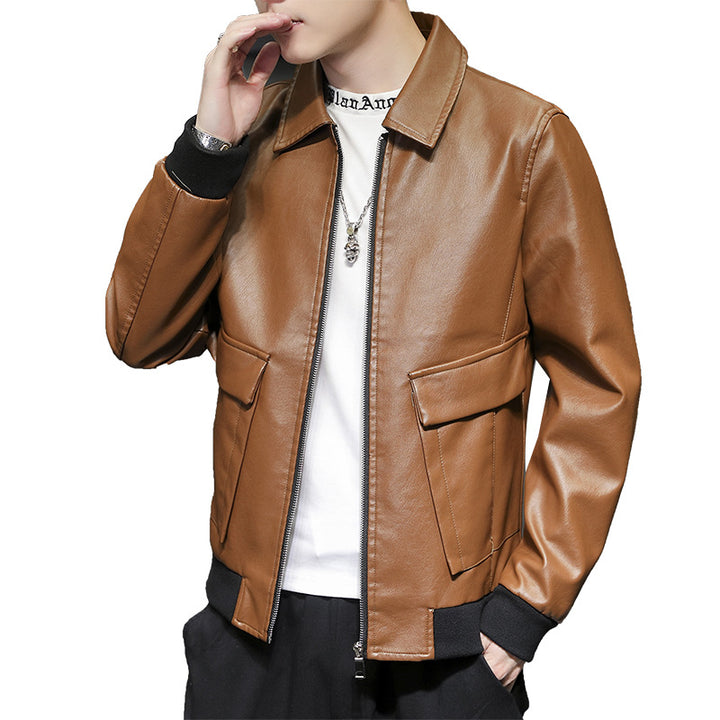 Men's Urban Faux Leather Flight Jacket with Flap Pockets and Ribbed Hem Mune Fashion