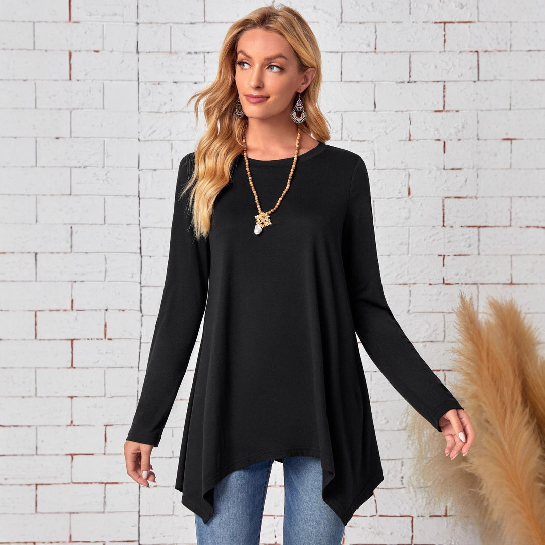 Women's Long A-Line Tunic Top with Round Neck and Asymmetrical Hem Drune