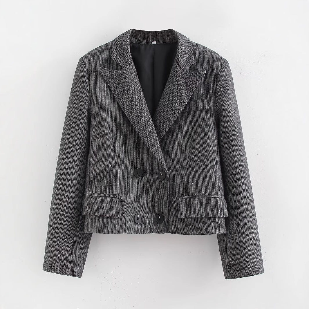 Women Short Cut Double Breasted Blazer in Houndstooth Pattern Mune Fashion