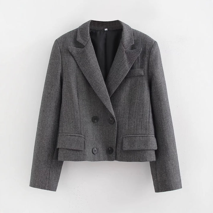 Women Short Cut Double Breasted Blazer in Houndstooth Pattern Mune Fashion