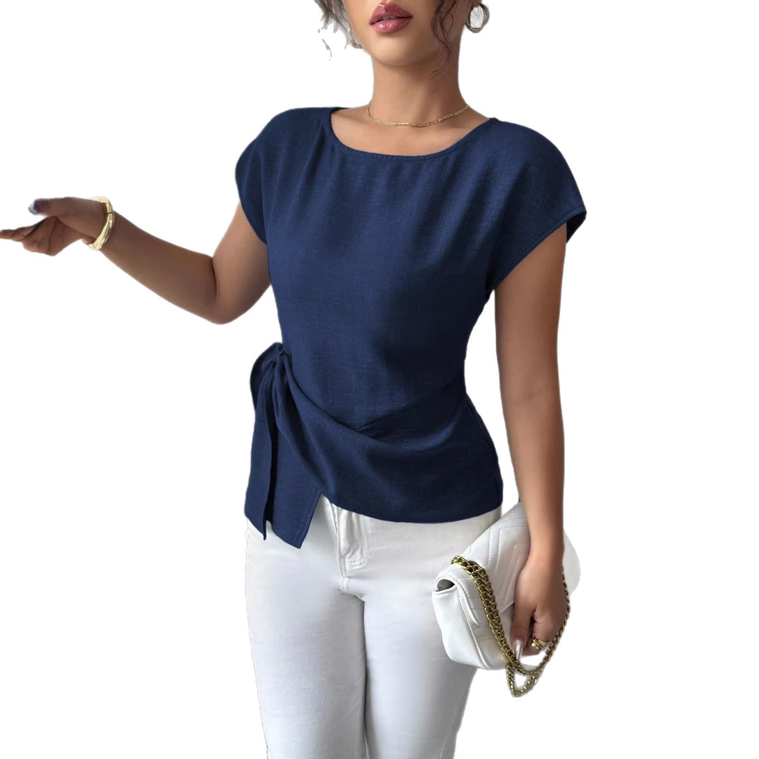 Women's Tailored Short Sleeve Top with Boat Neck, Ties Belt and Linen Look Mune Fashion