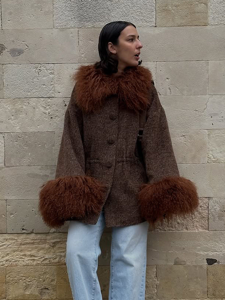 Women's Oversize Wool Blend Marca Coat with Voluminous Lamb Fur Imitation Collar and Extra Wide Sleeve Cuffs Mune Fashion