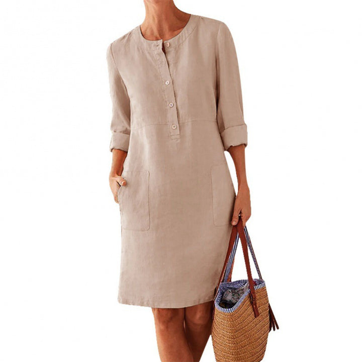 Women loose-fitting linen-look dress with three-quarter sleeves, button placket and side pockets Mune Fashion