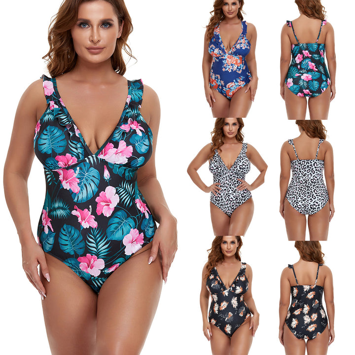 Women's one-piece swimsuit with floral design and deep V-neck Mune Fashion