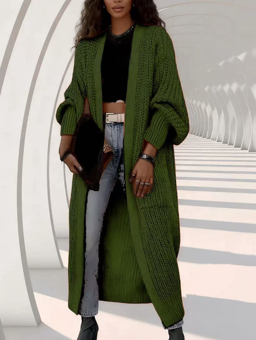 Women Long Open Chunky Knit Coat Cardigan with Braided Structure and Dropped Shoulder Mune Fashion