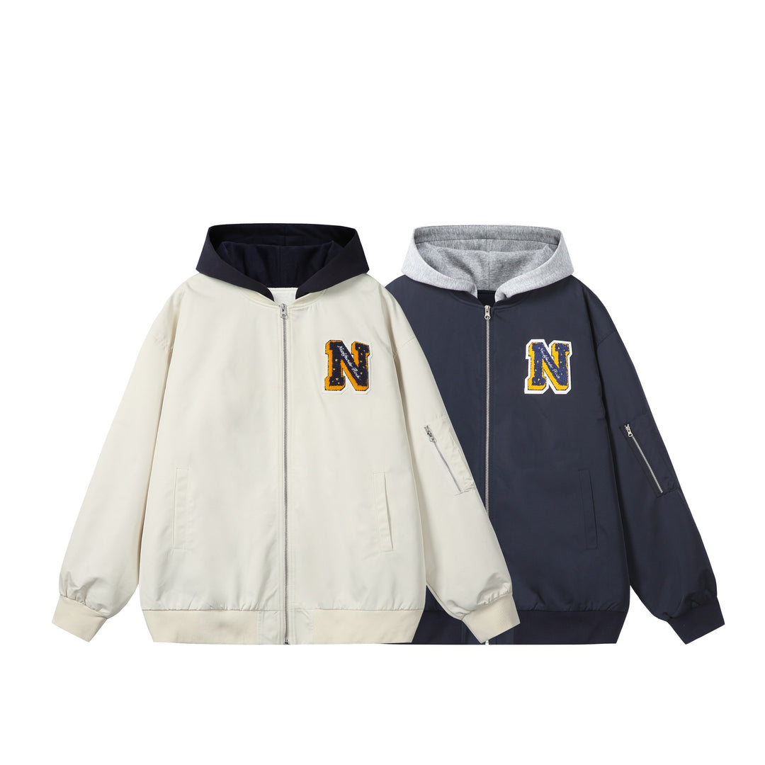 Unisex Boxy-Multi-layer Bomber Jacket with Integrated Hood and Collegiate Patch Mune Fashion