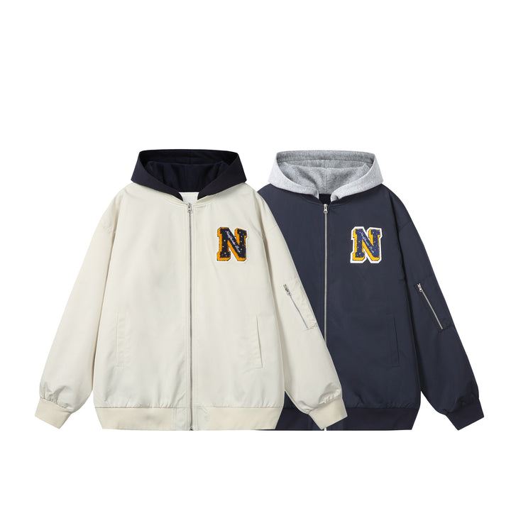 Unisex Boxy-Multi-layer Bomber Jacket with Integrated Hood and Collegiate Patch Mune Fashion
