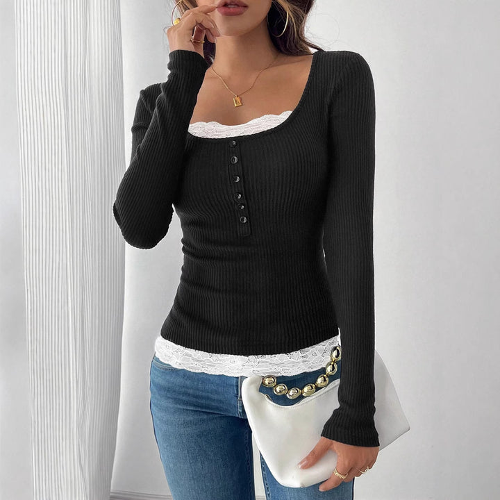 Women Fitted Ribbed Knit Top with U-Neck and Button Placket Mune Fashion